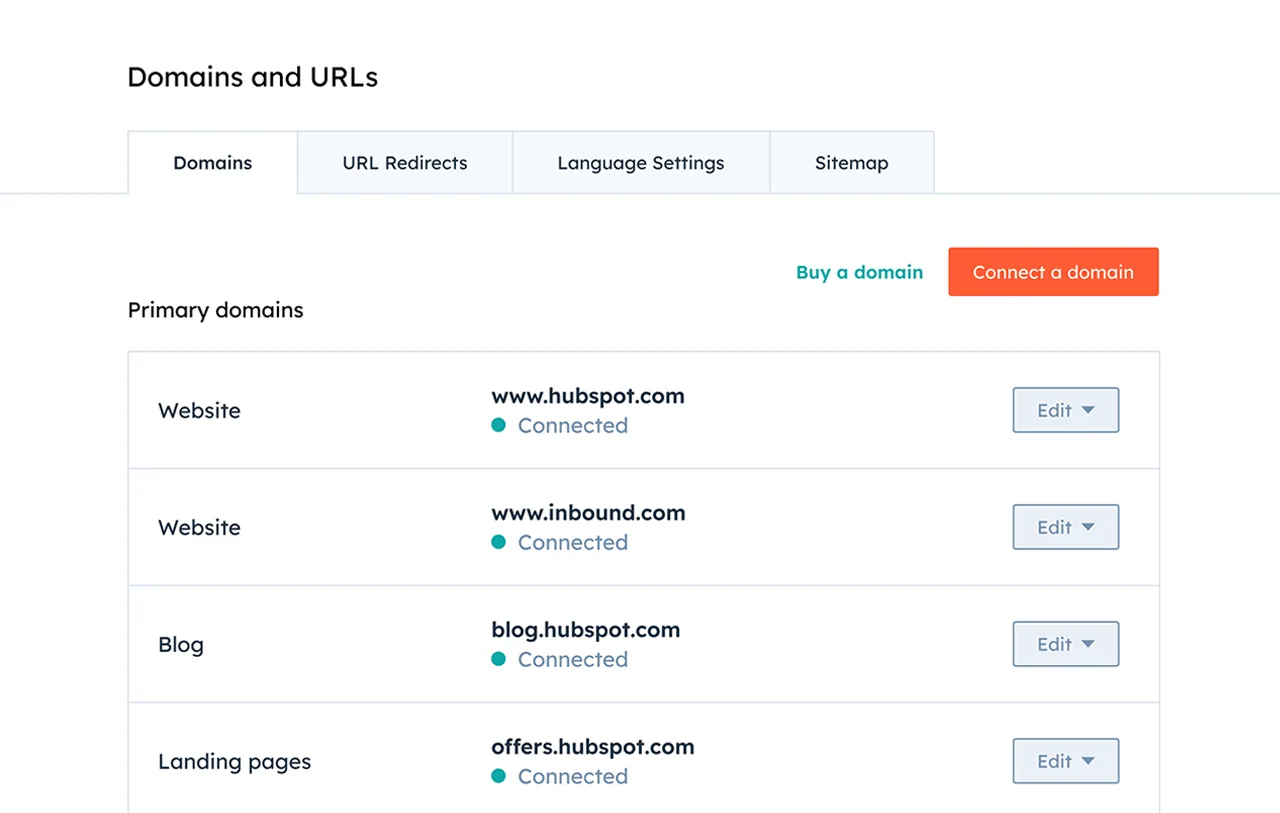 HubSpot interface showing ability to add domains and URLs